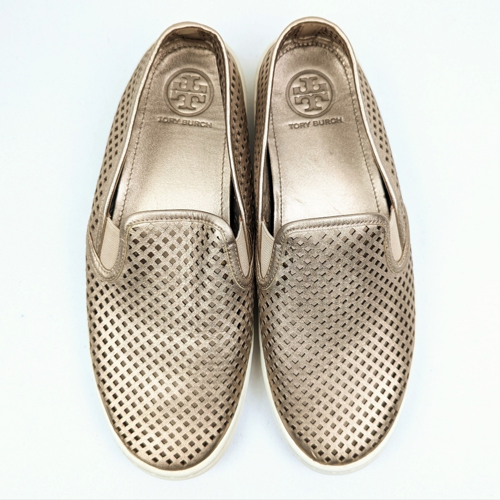 Tory Burch Jesse Sneakers Leather Metallic Gold Perforated Slip On Sporty 9.5